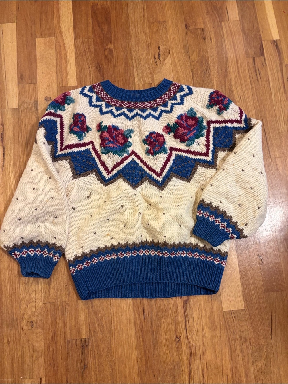 Vintage Cream Floral Fair Isle Crewneck Sweater with Blue Trim